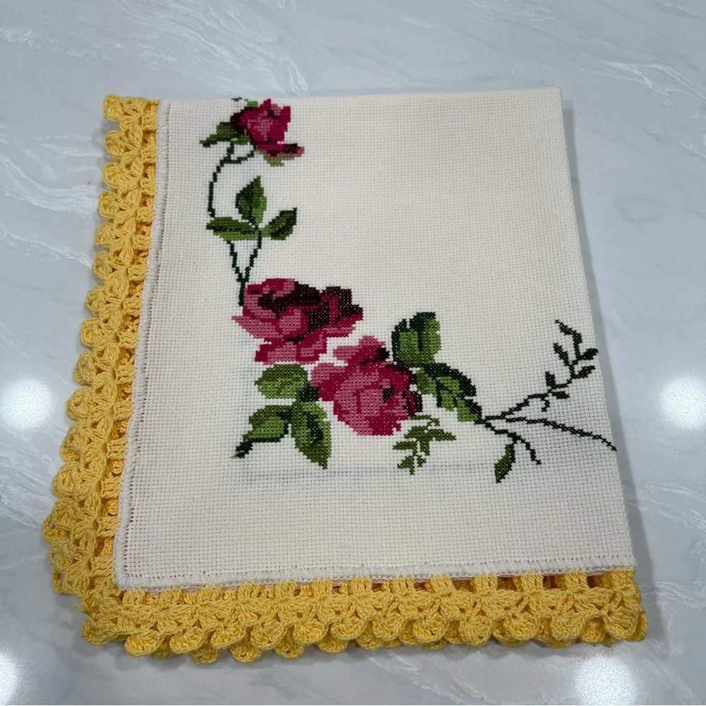 Handmade Floral Cross Stitch Embroidered Floral Accent with Yellow Trim Cottage